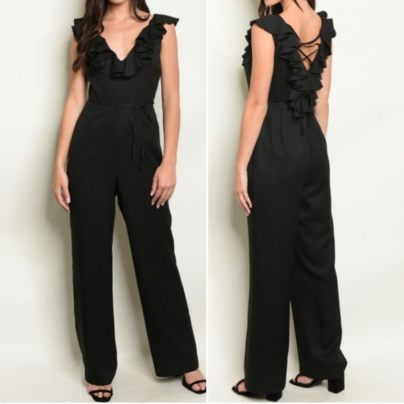 Trend Setter Diva Boutique Pants - BLACK RUFFLE V NECK JUMPSUIT